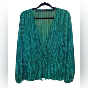 Zara Green Pleated V-Neck Blouse